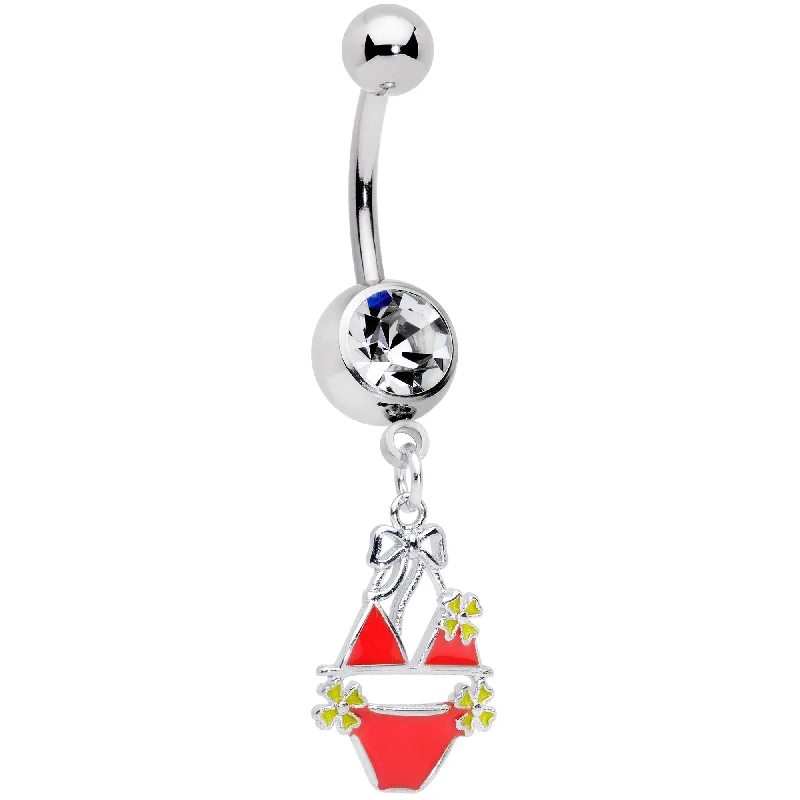 Unique Belly Rings with Sparkling Details -Clear Gem Red Itty Bitty Bikini Dangle Belly Ring Unique Belly Rings with Sparkling Details -Clear Gem Red Itty Bitty Bikini Dangle Belly Ring