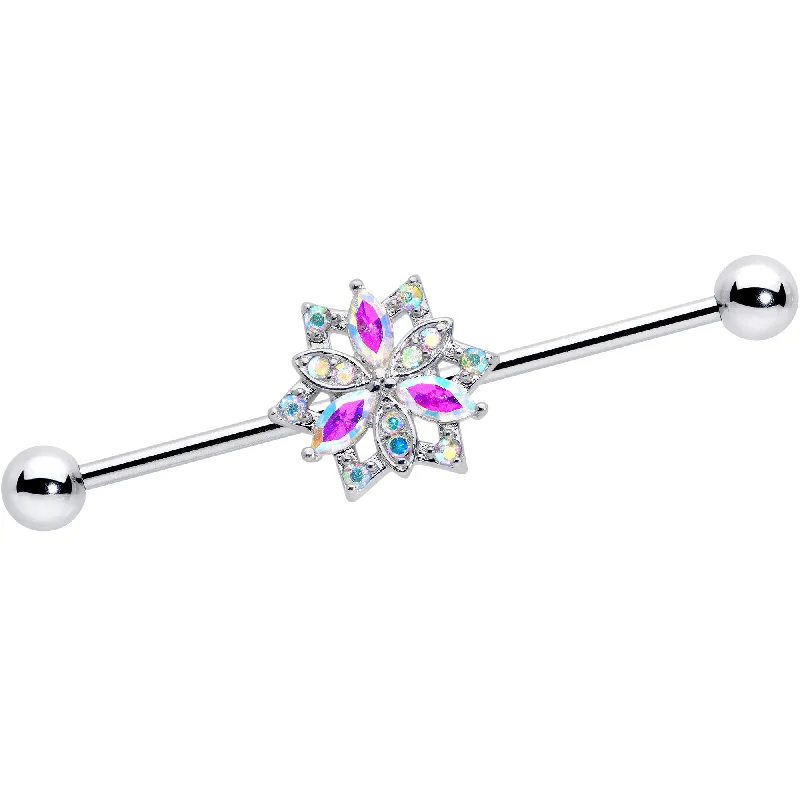 Women's Earrings – Elegant Designs for Every Personality--14 Gauge Aurora CZ Gem Snowflake Style Industrial Barbell 38mm