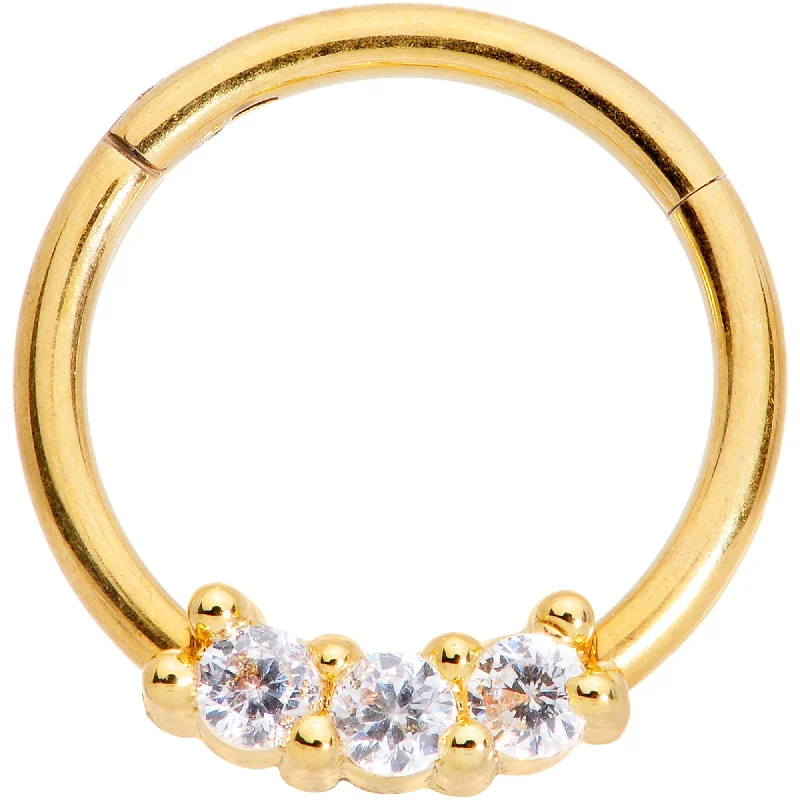 Trendy Nose Rings with Personalized Details -16 Gauge 3/8 Clear CZ Gem Gold Tone Trio Hinged Segment Ring Trendy Nose Rings with Personalized Details -16 Gauge 3/8 Clear CZ Gem Gold Tone Trio Hinged Segment Ring