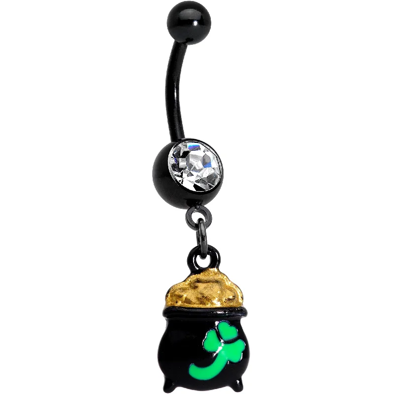 Designer Belly Rings for High-End Fashion -Clear Gem Black Pot of Gold St Patricks Day Dangle Belly Ring Designer Belly Rings for High-End Fashion -Clear Gem Black Pot of Gold St Patricks Day Dangle Belly Ring