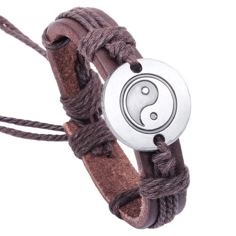 Fashion Bangles for Women-Buddha Stones Retro Yin Yang Leather Harmony String Bracelet