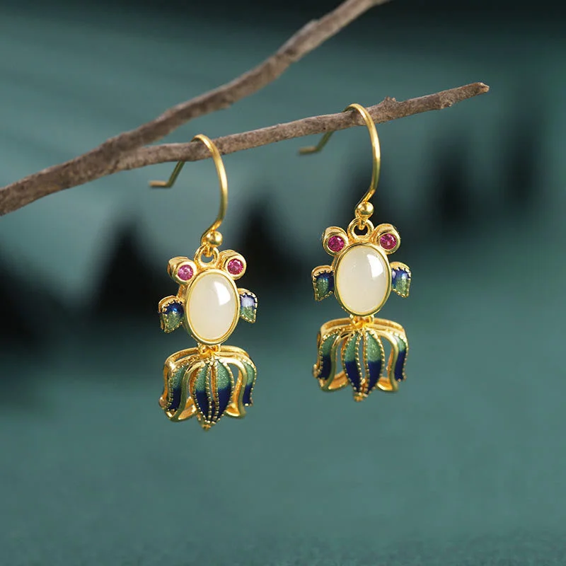 Women's Earrings – Elegant Designs for Every Personality--Buddha Stones 925 Sterling Silver Hetian White Jade Red Agate Cute Fish Happiness Drop Earrings