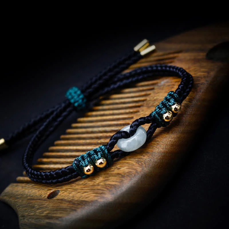 Sterling Silver Bangles with Gemstones-Buddha Stones Round Peace Buckle Jade Abundance Wealth String Bracelet