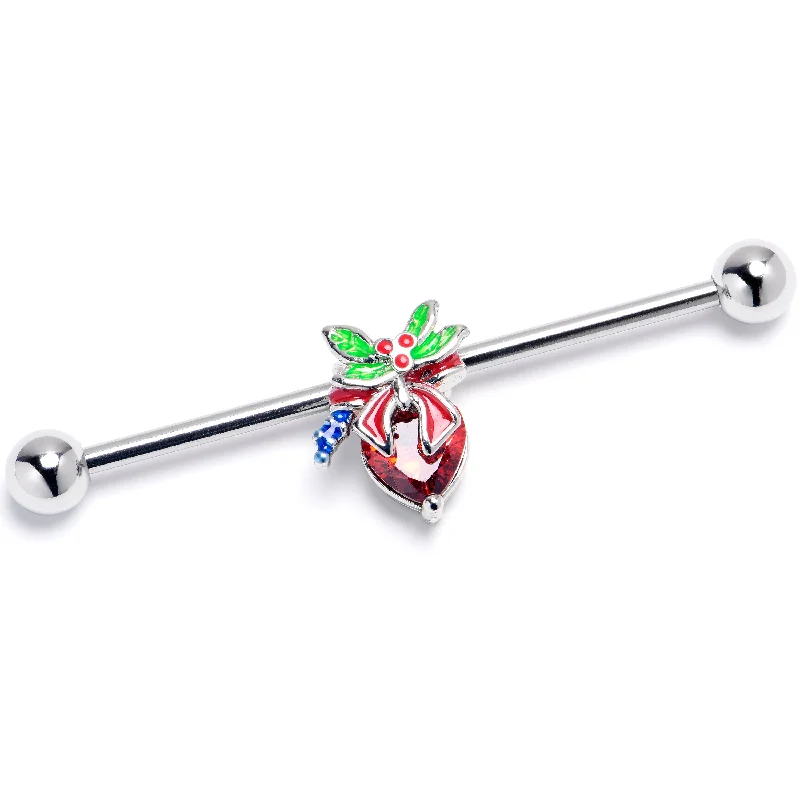 Women's Earrings – Elegant Designs for Every Personality--14 Gauge Red Gem Festive Holiday Ornament Industrial Barbell 38mm