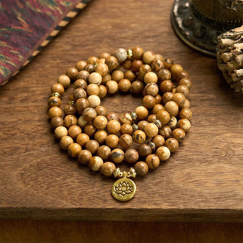 Cool Men's Leather Bracelets with Metal Details-Buddha Stones 108 Beads Picture Jasper Mala Lotus Courage Bracelet Cool Men's Leather Bracelets with Metal Details-Buddha Stones 108 Beads Picture Jasper Mala Lotus Courage Bracelet