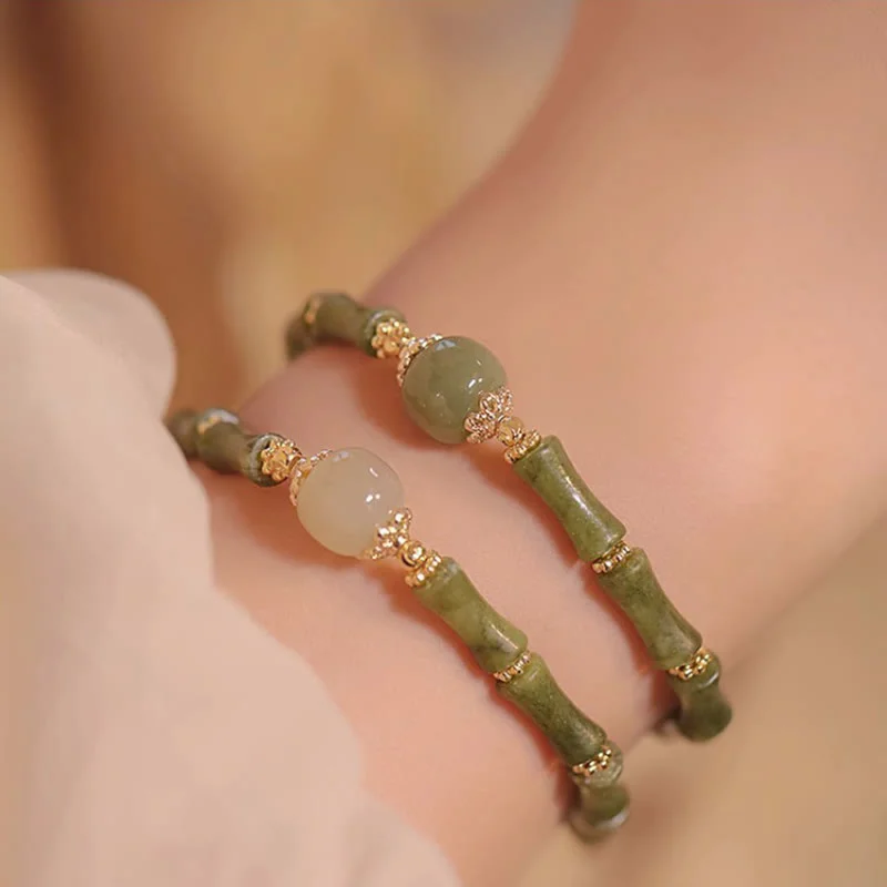 Personalised Silver Bangles for Women-Buddha Stones 14K Copper Plated Peridot Hetian Jade Bamboo Pattern Luck Bracelet
