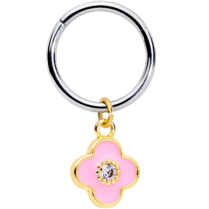 Fashionable Nose Rings with Luxurious Appeal -16 Gauge 3/8 Clear CZ Pink Flower Dangle Hinged Segment Ring Fashionable Nose Rings with Luxurious Appeal -16 Gauge 3/8 Clear CZ Pink Flower Dangle Hinged Segment Ring