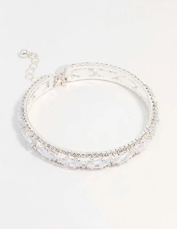 Modern Bangles with Contemporary Designs for Women-Silver Cubic Zirconia Marquise Statement Bangle Bracelet