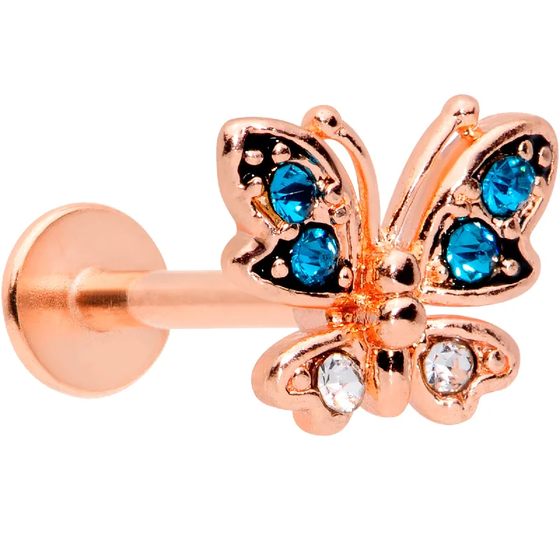 Comfortable Lip Rings for Everyday Use16 Gauge 5/16 Clear CZ Gem Rose Gold Tone Butterfly Labret Tragus