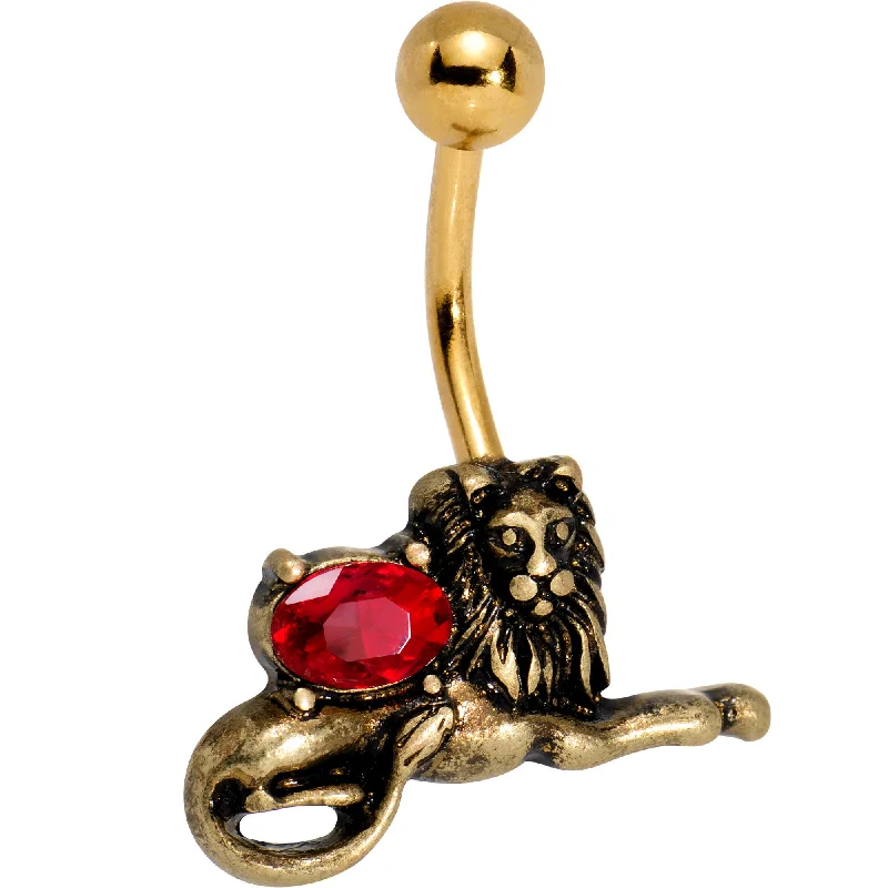 Belly Rings with Unique Designs for Special Looks -Red Gem Gold PVD Resting Guardian Lion Belly Ring Belly Rings with Unique Designs for Special Looks -Red Gem Gold PVD Resting Guardian Lion Belly Ring