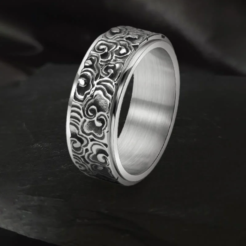 Chic Women's Rings for Fashion-Forward Looks-Buddha Stones Auspicious Clouds Pattern Carved Titanium Steel Balance Rotatable Ring Chic Women's Rings for Fashion-Forward Looks-Buddha Stones Auspicious Clouds Pattern Carved Titanium Steel Balance Rotatable Ring