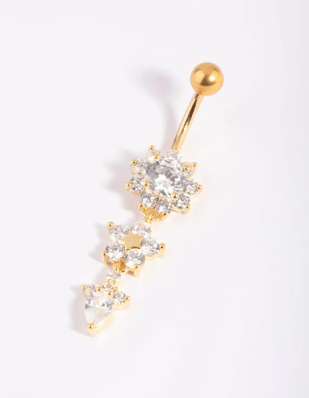 Comfortable Belly Rings with Vibrant Detailing -Gold Plated Titanium Floral Belly Bar Comfortable Belly Rings with Vibrant Detailing -Gold Plated Titanium Floral Belly Bar