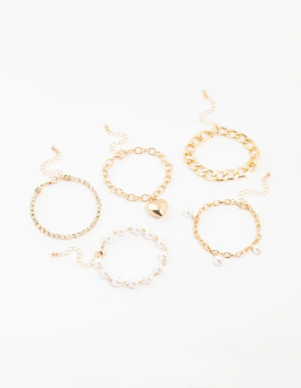 Custom Charm Bangles for Women-Gold Pearl & Puffy Heart Bracelets 5-Pack