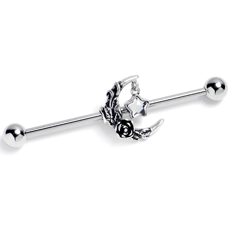 Women's Earrings – Elegant Designs for Every Personality--14 Gauge Clear Gem Ornate Moon Star Industrial Barbell 38mm