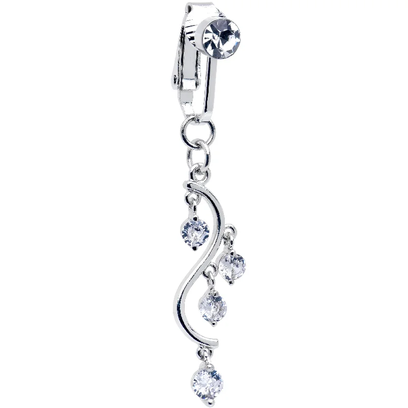 Unique Belly Rings with Personalized Touch -Clear CZ Gem Swirl Dangle Clip on Fake Belly Ring Unique Belly Rings with Personalized Touch -Clear CZ Gem Swirl Dangle Clip on Fake Belly Ring