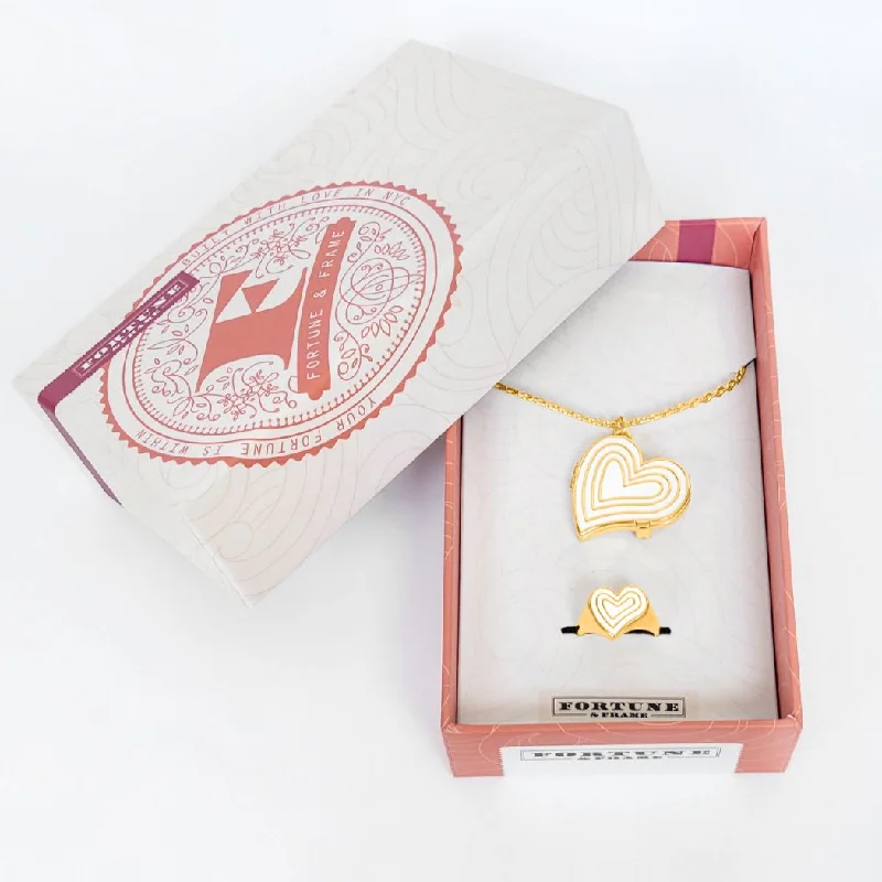 Chic Women's Rings for Fashion-Forward Looks-Deco Heart Locket & Signet Ring Gift Set (Ivory) - Gold