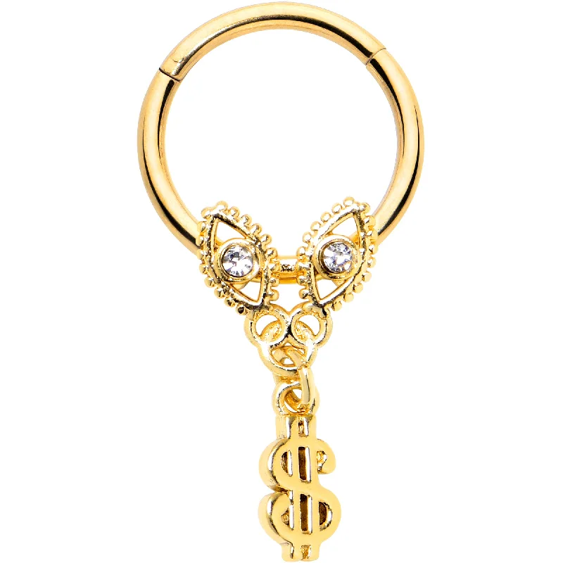 Rhinestone Nose Rings -16 Gauge 3/8 Clear Gem Gold Hue Seeing Money Dangle Hinged Segment Ring Rhinestone Nose Rings -16 Gauge 3/8 Clear Gem Gold Hue Seeing Money Dangle Hinged Segment Ring