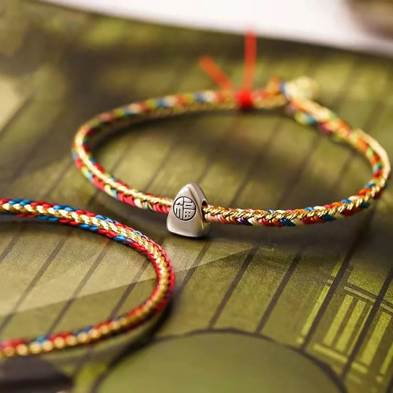 Gem-Studded Bangles for Women-Buddha Stones 925 Sterling Silver Fu Character Zongzi Pattern Multicolored String Luck Handmade Braided Bracelet Gem-Studded Bangles for Women-Buddha Stones 925 Sterling Silver Fu Character Zongzi Pattern Multicolored String Luck Handmade Braided Bracelet