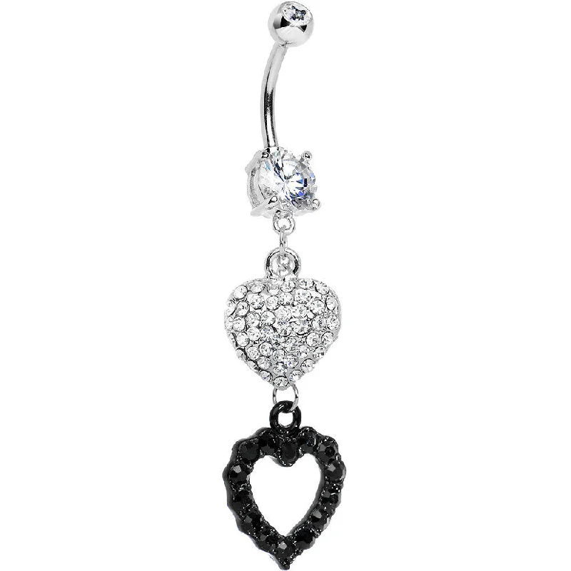 Unique Belly Rings with Shiny Detailing -Crystalline Gem Paved Heart Black Gem Hollow Heart Dangle Belly Ring Unique Belly Rings with Shiny Detailing -Crystalline Gem Paved Heart Black Gem Hollow Heart Dangle Belly Ring
