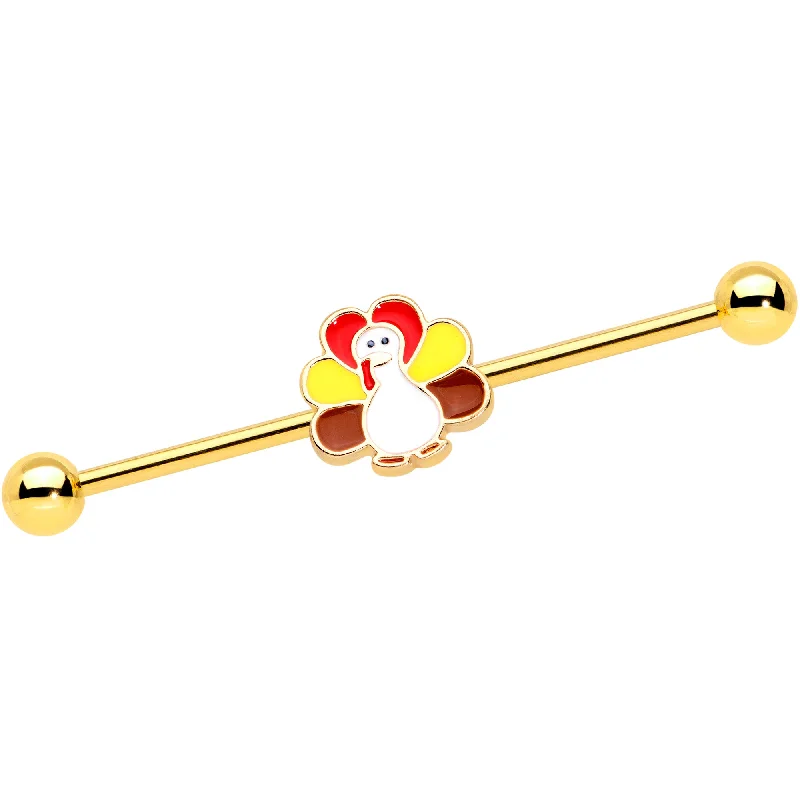 Women's Earrings – Elegant Designs for Every Personality--14 Gauge Gold Tone Turkey Time Holiday Industrial Barbell 38mm