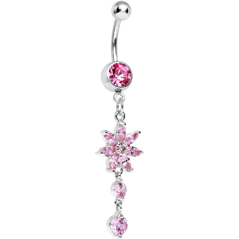 Cute Belly Rings for Summer Style -Pink and Clear CZ Spring Flower Dangle Belly Ring Cute Belly Rings for Summer Style -Pink and Clear CZ Spring Flower Dangle Belly Ring