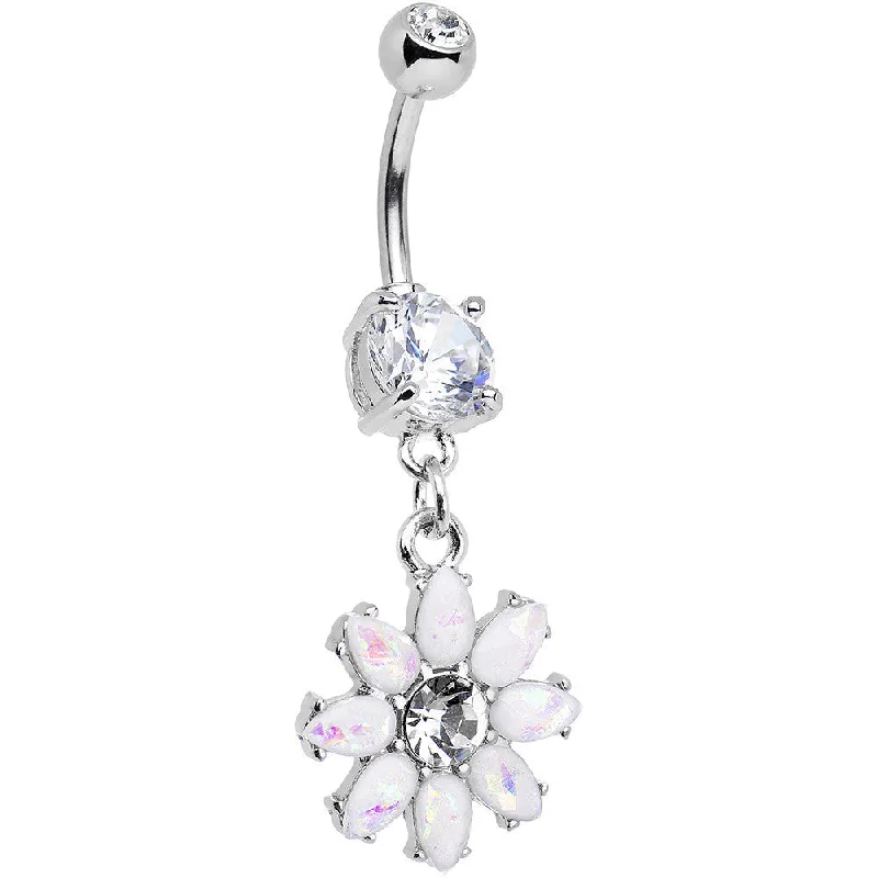Belly Rings with Glittering Gems for Elegant Style -White Faux Opal Flower Power Dangle Belly Ring Belly Rings with Glittering Gems for Elegant Style -White Faux Opal Flower Power Dangle Belly Ring