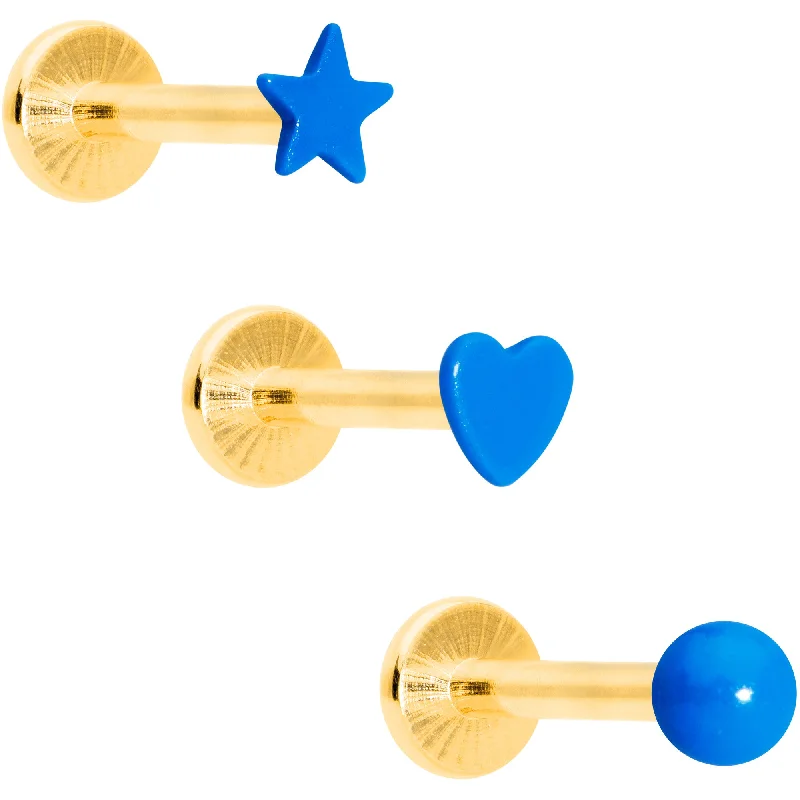 Designer Lip Rings for Luxurious Fashion16 Gauge 5/16 Gold Tone Blue Glow Star Heart Labret Set of 3