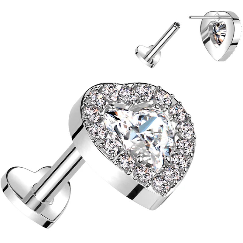 Women's Earrings – Elegant Designs for Every Personality--18 Gauge 5/16 Clear CZ Gem Heart Duo Medical Grade Titanium Reversible Flat Back Earring Women's Earrings – Elegant Designs for Every Personality--18 Gauge 5/16 Clear CZ Gem Heart Duo Medical Grade Titanium Reversible Flat Back Earring