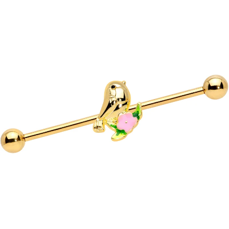 Women's Earrings – Elegant Designs for Every Personality--14 Gauge Gold Tone Bird Pink Flower Industrial Barbell 38mm Women's Earrings – Elegant Designs for Every Personality--14 Gauge Gold Tone Bird Pink Flower Industrial Barbell 38mm