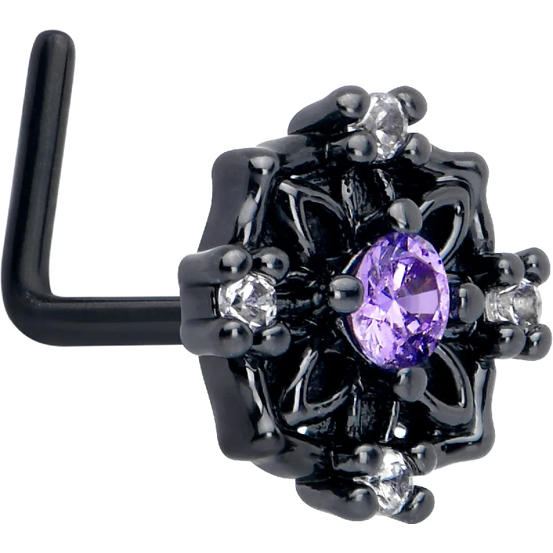 Nose Rings for All Ages -20 Gauge 7mm Purple CZ Gem Black Flower Ring L Shape Nose Ring Nose Rings for All Ages -20 Gauge 7mm Purple CZ Gem Black Flower Ring L Shape Nose Ring