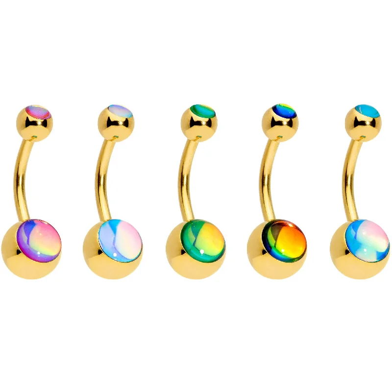 Designer Belly Rings with Artistic Features -Iridescent Gem Gold Tone Captivating Colors Belly Ring Set Of 5 Designer Belly Rings with Artistic Features -Iridescent Gem Gold Tone Captivating Colors Belly Ring Set Of 5