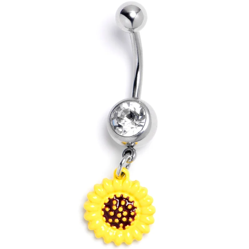 Trendy Belly Rings with Sparkling Stones -Clear Gem Sunny Simple Sunflower Dangle Belly Ring Trendy Belly Rings with Sparkling Stones -Clear Gem Sunny Simple Sunflower Dangle Belly Ring