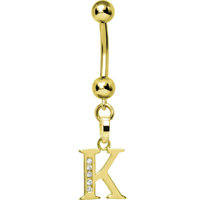 Stunning Belly Rings with Shiny Finish -16 Gauge Solid 14kt Yellow Gold CZ Initial K Belly Ring Stunning Belly Rings with Shiny Finish -16 Gauge Solid 14kt Yellow Gold CZ Initial K Belly Ring