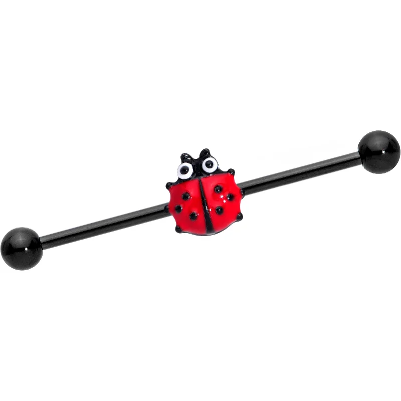 Women's Earrings – Elegant Designs for Every Personality--14 Gauge Black Polka Dot Ladybug Industrial Barbell 38mm