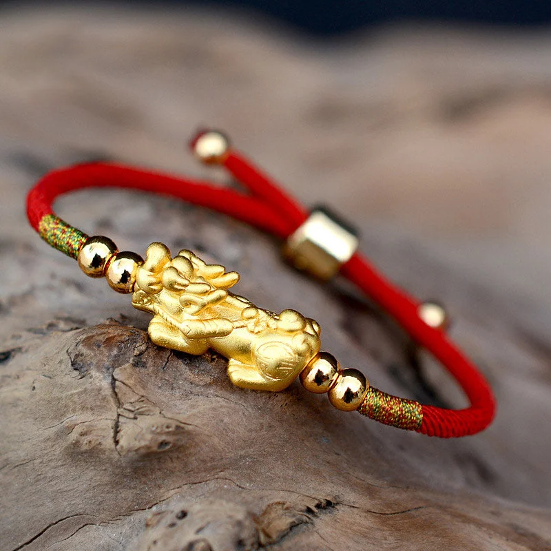 Cool Men's Beaded Bracelets-Buddha Stones 24K Gold-Plated PiXiu Luck Red String Bracelet
