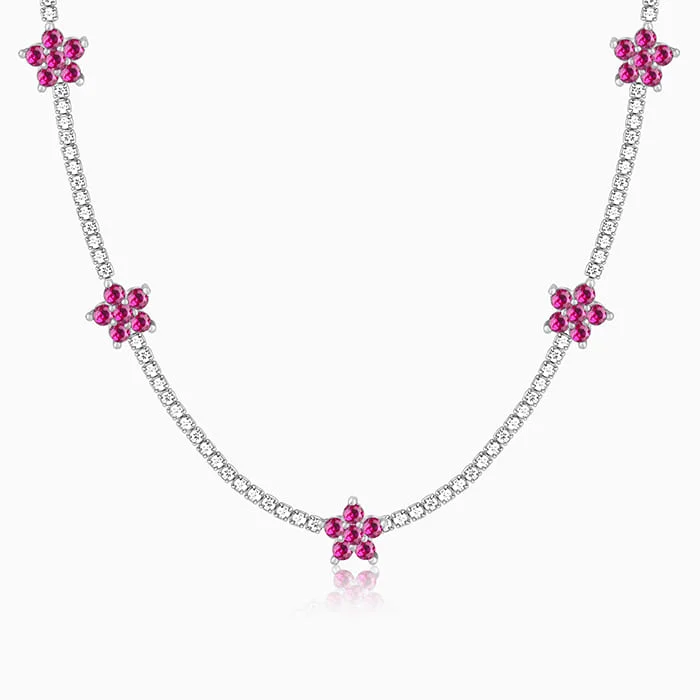 Shop Classic Women's Necklaces & Pendants with a Modern Twist-Silver Pink Floral Necklace Shop Classic Women's Necklaces & Pendants with a Modern Twist-Silver Pink Floral Necklace