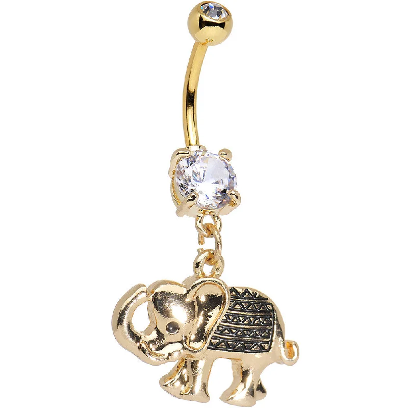 Belly Rings with Stone Accents for Gorgeous Look -Clear Gem Gold Anodized Aztec Elephant Dangle Belly Ring Belly Rings with Stone Accents for Gorgeous Look -Clear Gem Gold Anodized Aztec Elephant Dangle Belly Ring