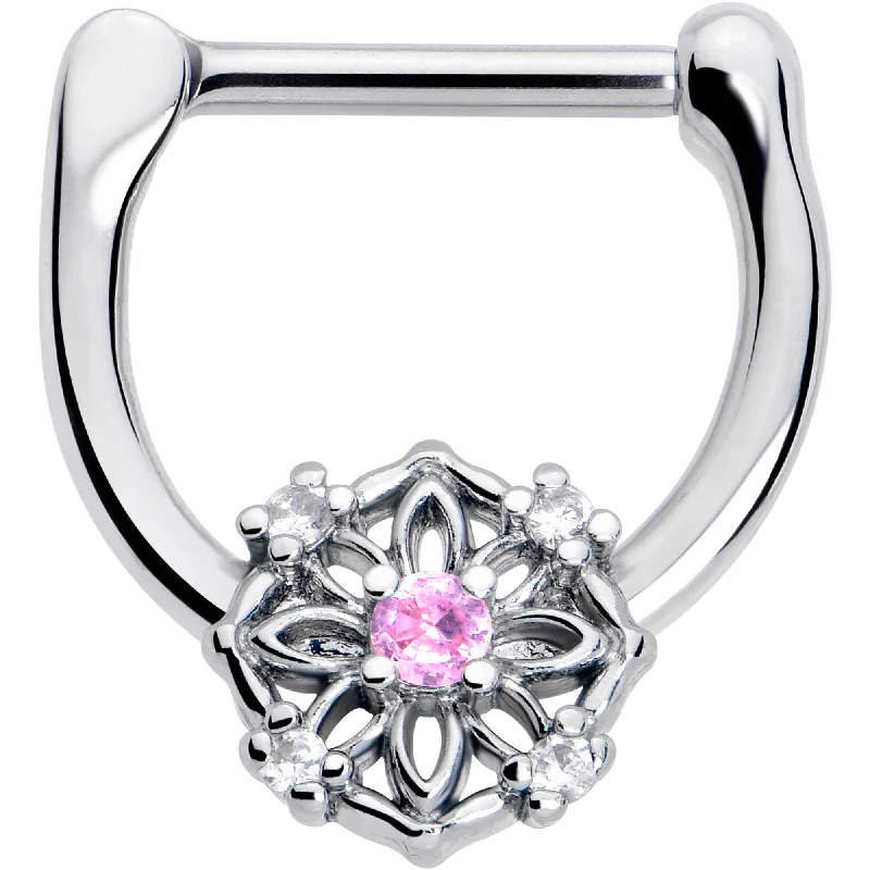 Nose Rings for Pierced Ears -16 Gauge 5/16 Pink Clear CZ Gem Flower Circle Cartilage Clicker Nose Rings for Pierced Ears -16 Gauge 5/16 Pink Clear CZ Gem Flower Circle Cartilage Clicker