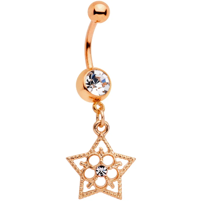 Designer Belly Rings for Luxury Look -Clear Gem Rose Gold Tone Star and Snow Flower Dangle Belly Ring Designer Belly Rings for Luxury Look -Clear Gem Rose Gold Tone Star and Snow Flower Dangle Belly Ring
