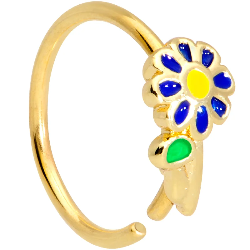 Trendy Nose Rings for Boho Look -20 Gauge 5/16 Gold Tone Blue Flower Nose Hoop