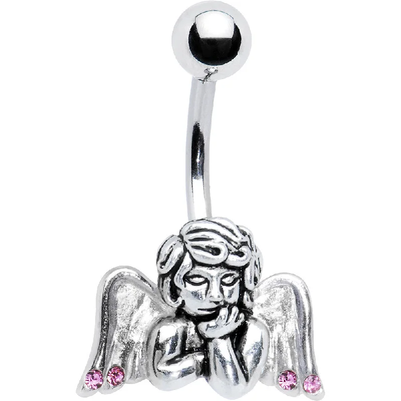 Designer Belly Rings with Creative Details -Silver Pink Winged Angel Belly Ring Created with Crystals Designer Belly Rings with Creative Details -Silver Pink Winged Angel Belly Ring Created with Crystals