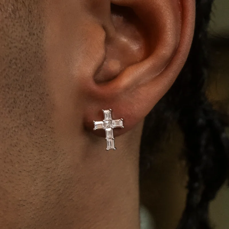 Shop Durable Men's Earrings for Everyday Wear-Diamond Baguette Cross Stud Earrings in White Gold Shop Durable Men's Earrings for Everyday Wear-Diamond Baguette Cross Stud Earrings in White Gold