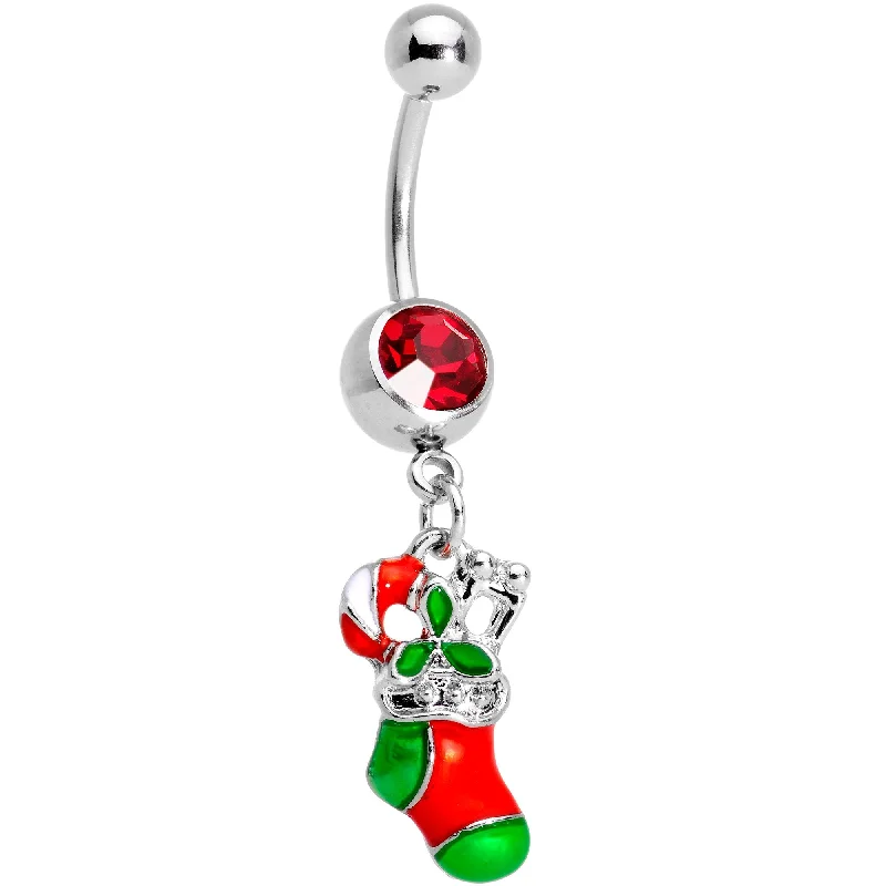 Trendy Belly Rings with Stunning Details -Red Gem Christmas Morning Holiday Stocking Dangle Belly Ring Trendy Belly Rings with Stunning Details -Red Gem Christmas Morning Holiday Stocking Dangle Belly Ring