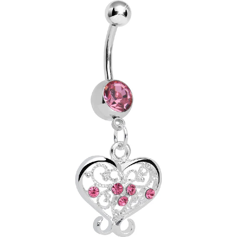 Comfortable Belly Rings with Polished Finish -Pink Gem Opulent Scrolled Heart Dangle Belly Ring Comfortable Belly Rings with Polished Finish -Pink Gem Opulent Scrolled Heart Dangle Belly Ring