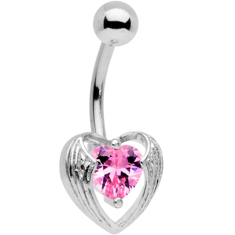 Stunning Belly Rings for Bold Fashion -Pink CZ Gem Hugged Heart Belly Ring