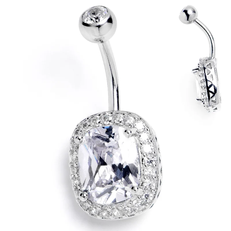 Chic Belly Rings for Stylish Looks -Clear CZ Gem Rococo Square Belly Ring