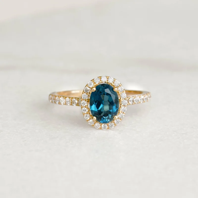 Chic Women's Rings for Fashion-Forward Looks-Oval London Blue Topaz Halo Ring 14k Gold - Suna Chic Women's Rings for Fashion-Forward Looks-Oval London Blue Topaz Halo Ring 14k Gold - Suna