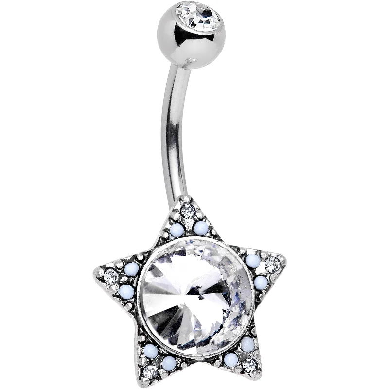 Comfortable Belly Rings for Trendy Women -Clear Gem Encrusted Big Star Belly Ring