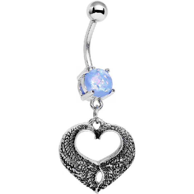 Comfortable Belly Rings with Custom Finish -Light Blue Faux Opal Laurel Heart Dangle Belly Ring Comfortable Belly Rings with Custom Finish -Light Blue Faux Opal Laurel Heart Dangle Belly Ring