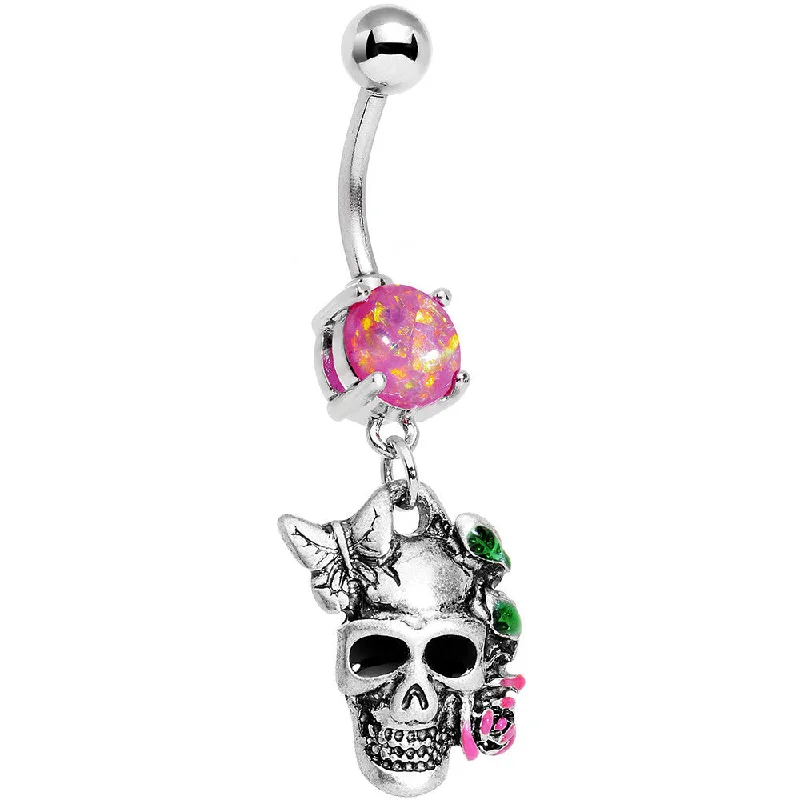 Designer Belly Rings with Timeless Appeal -Pink Faux Opal Beautiful Butterfly Rose Flower Skull Dangle Belly Ring Designer Belly Rings with Timeless Appeal -Pink Faux Opal Beautiful Butterfly Rose Flower Skull Dangle Belly Ring